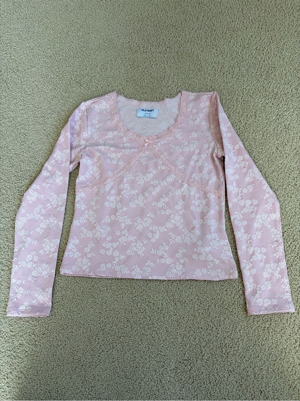Old Navy Light Pink Floral Lace-Trim Long Sleeve Tee